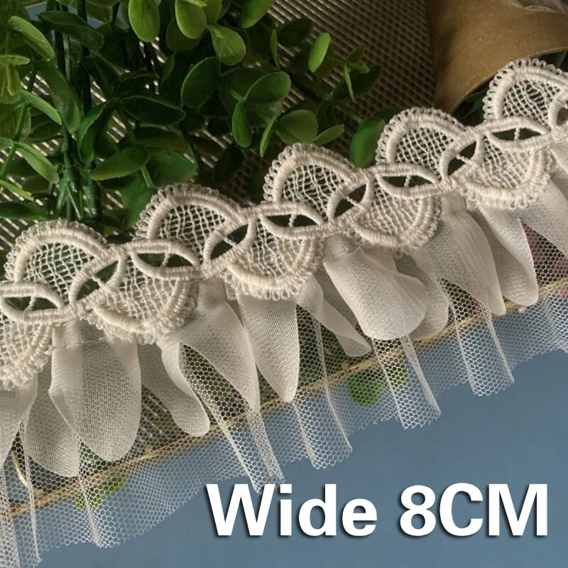 Tissu en maille de dentelle brodée beige, déformable, robe de mariée bricolage, mousseline de soie, ourlet plissé, jupe, matériaux de couture, 8cm de large