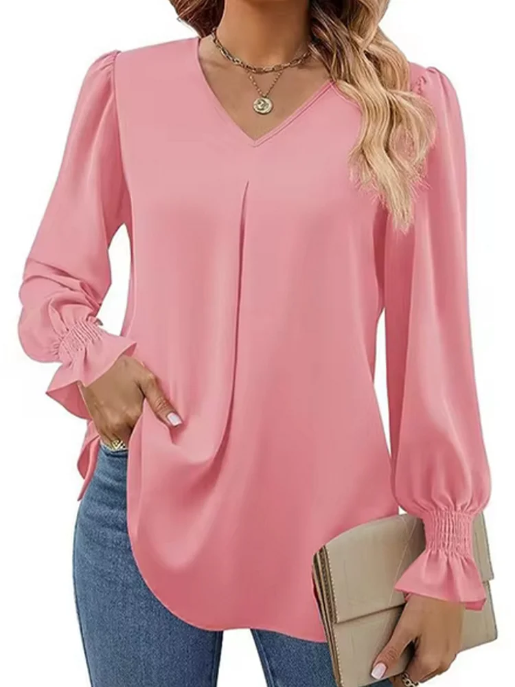 Elegant V-neck Solid Color Blouse Women\'s Long Sleeved Simple T-shirt  Autumn Top Clothes