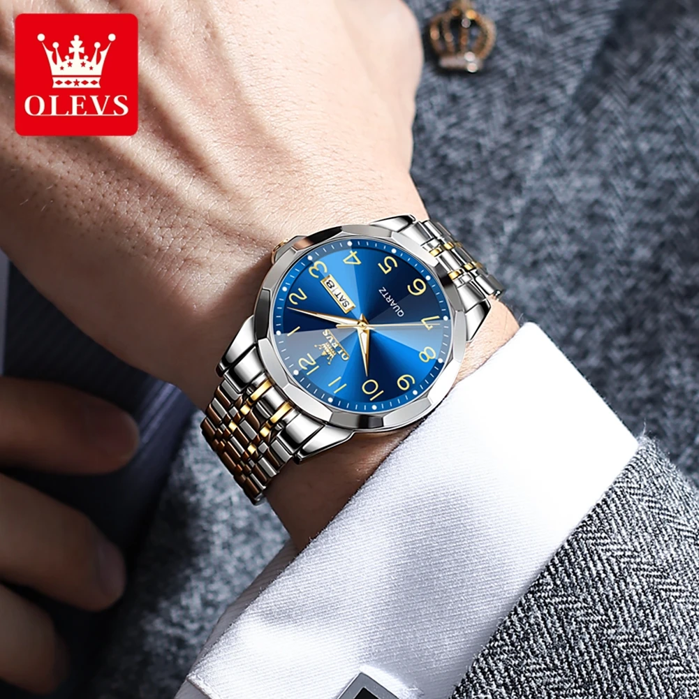 OLEVS 9970 Men\'s Wristwatch Luxury Digital Dial Unique Rhombus Mirror Quartz Watch for Men Stainless Steel Waterproof Man Watch