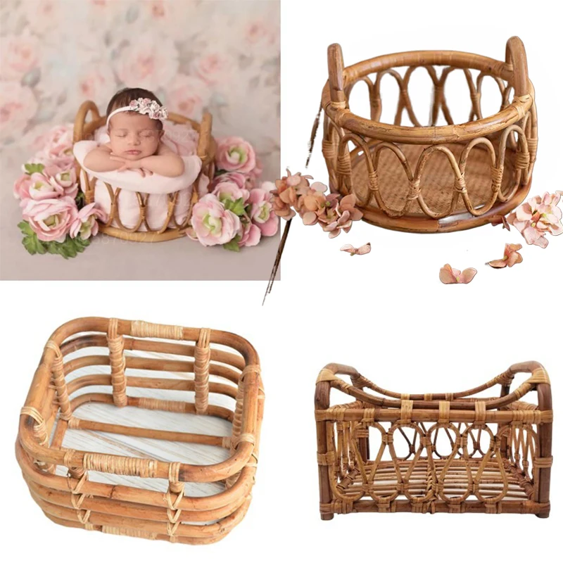 Newborn Photography Props Retro Rattan Basket Chair Infant Photo Recien Baby Girl Boy Posing Bed Background Photography Accessor