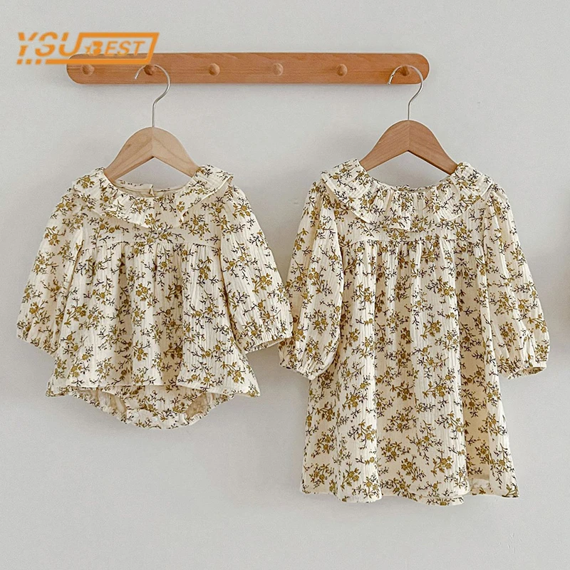 Spring Autumn Sweet Infant Kids Baby Girls Long Sleeve Embroider Sisters Dress Newborn Kids Baby Girls Clothes Rompers