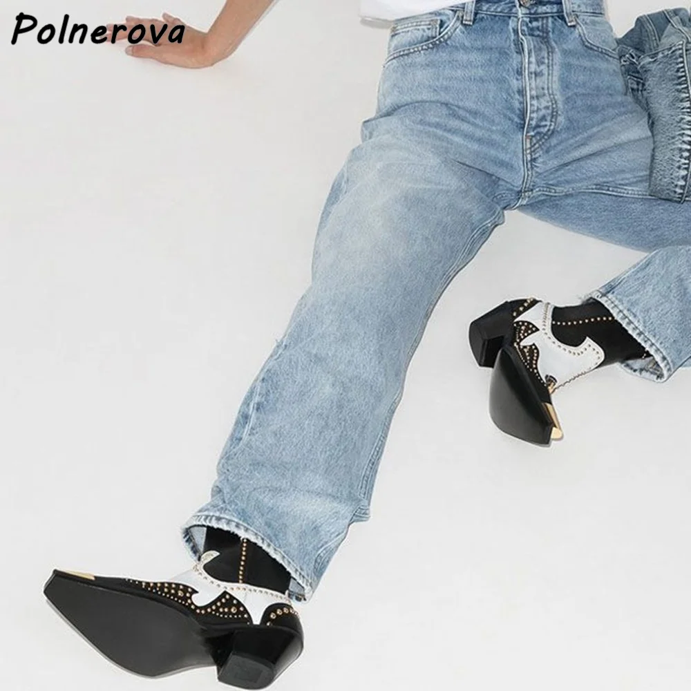 أسود معدن تو حذاء من الجلد برشام الانزلاق على الخياطة كعب مربع الانزلاق على رعاة البقر المدرج أحذية النساء موضة كول بنات حذاء من الجلد