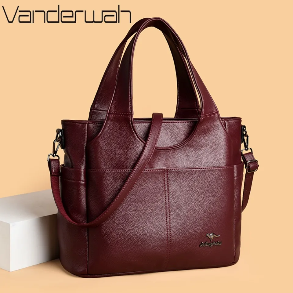 Soft Leather Tote Bag 3 Main Compartments Dual Front Pocket Large Capacity Shoulder Crossbody Handbag for Work Commute Daily Use