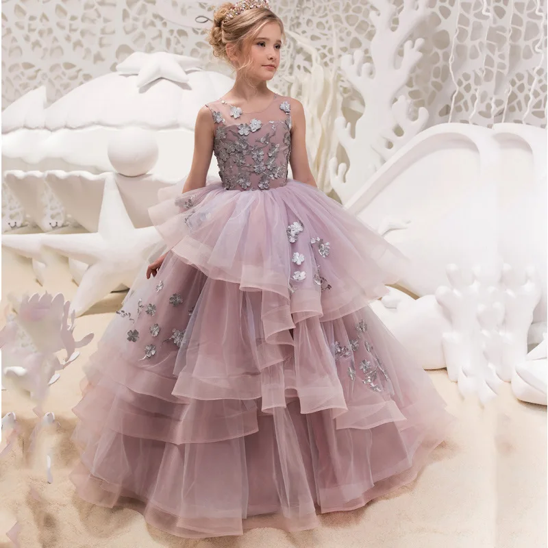 

Puffy Flower Girl Dresses For Weddings Ball Gown Tulle Appliques Baby Tutu Long First Communion Dresses Little Girl