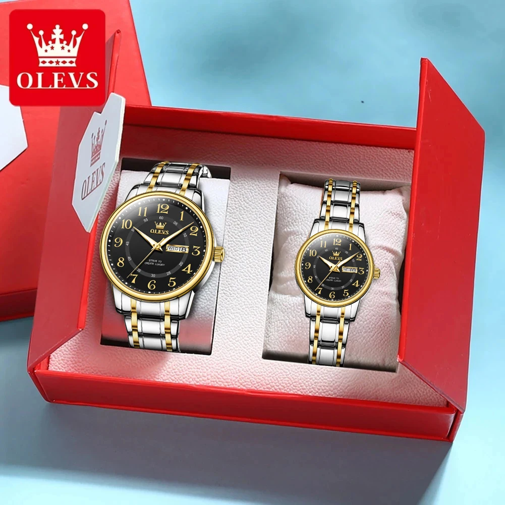 

OLEVS 2891 Luxury Brand Quartz Couple Watch Waterproof Stainless Steel Watch Elegant Calendar Week Date Gift Couple Watch Set