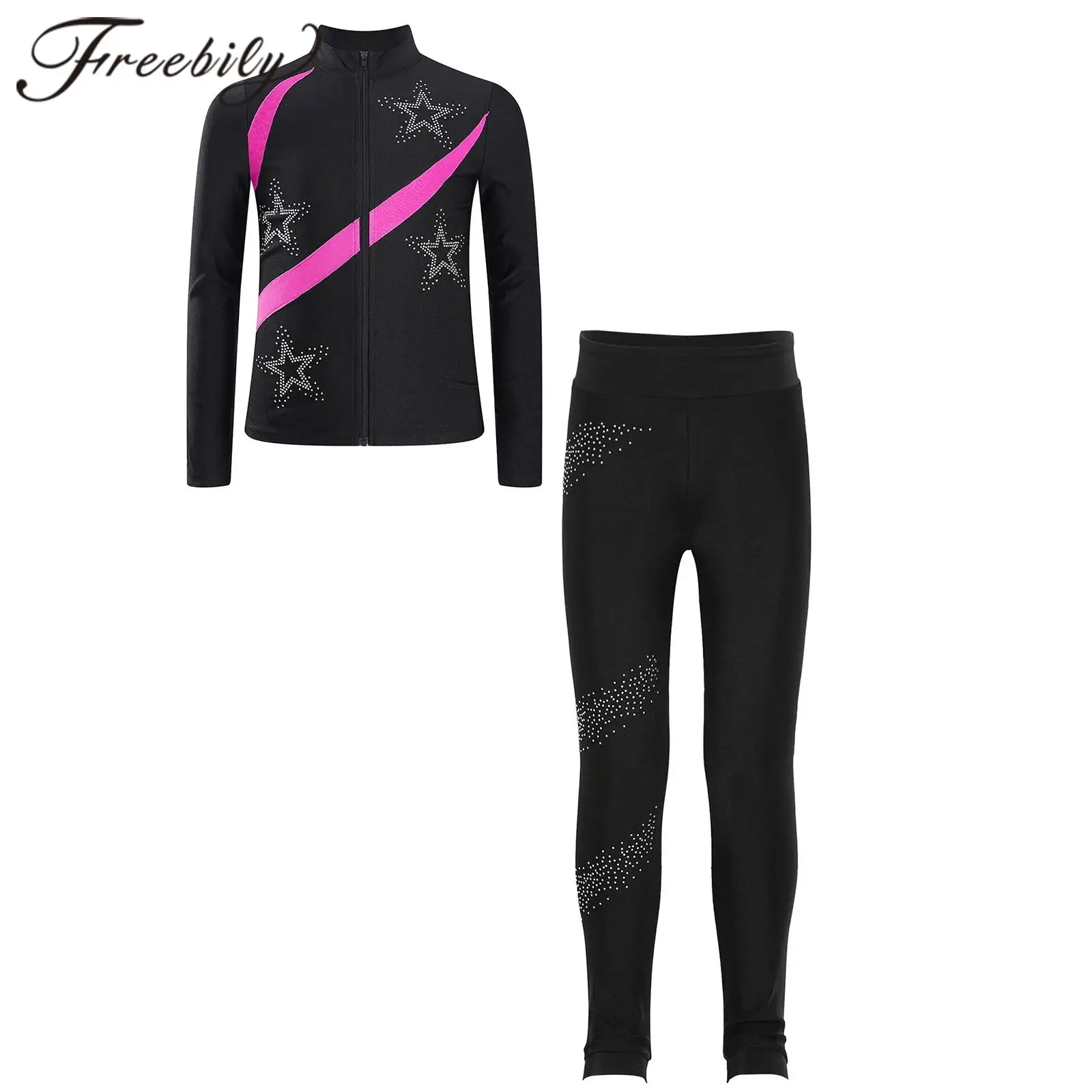 Children's Tracksuit Sports Gymnastics Set Kids Girls Ballet Figure Skating Outfit Long Sleeve Zipper Sweatshirt with Leggings