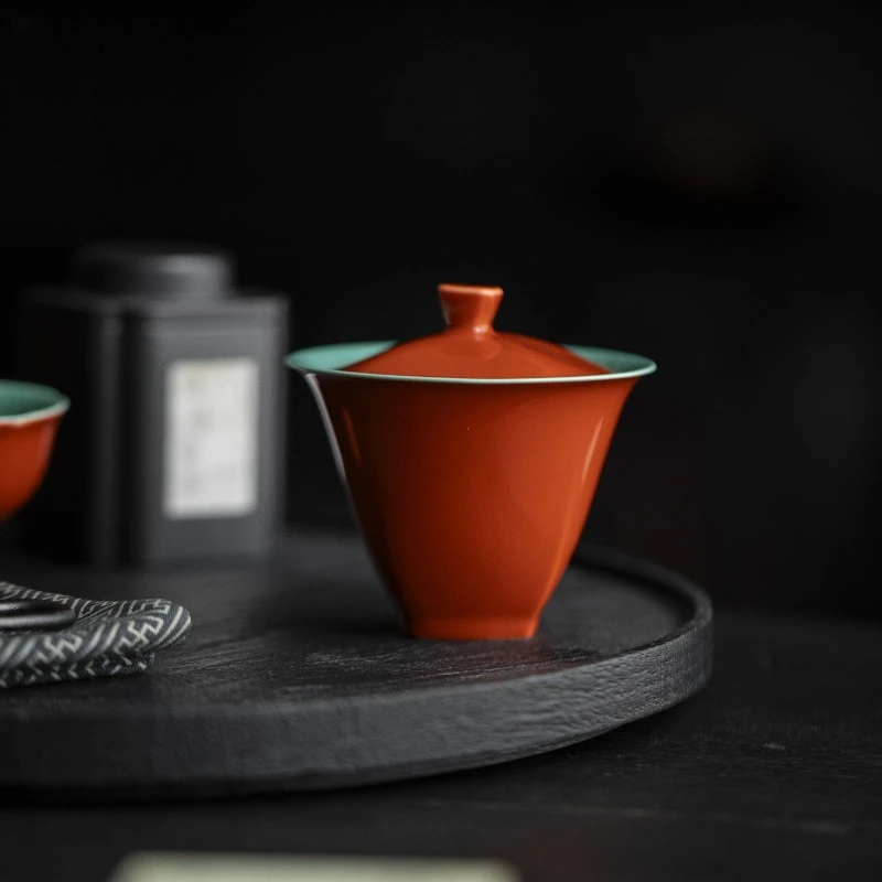 Ceramic Square Gaiwan Kung Fu Tea Set Palace Red Exterior Turquoise Green Glaze Interior Vintage Tea Bowl