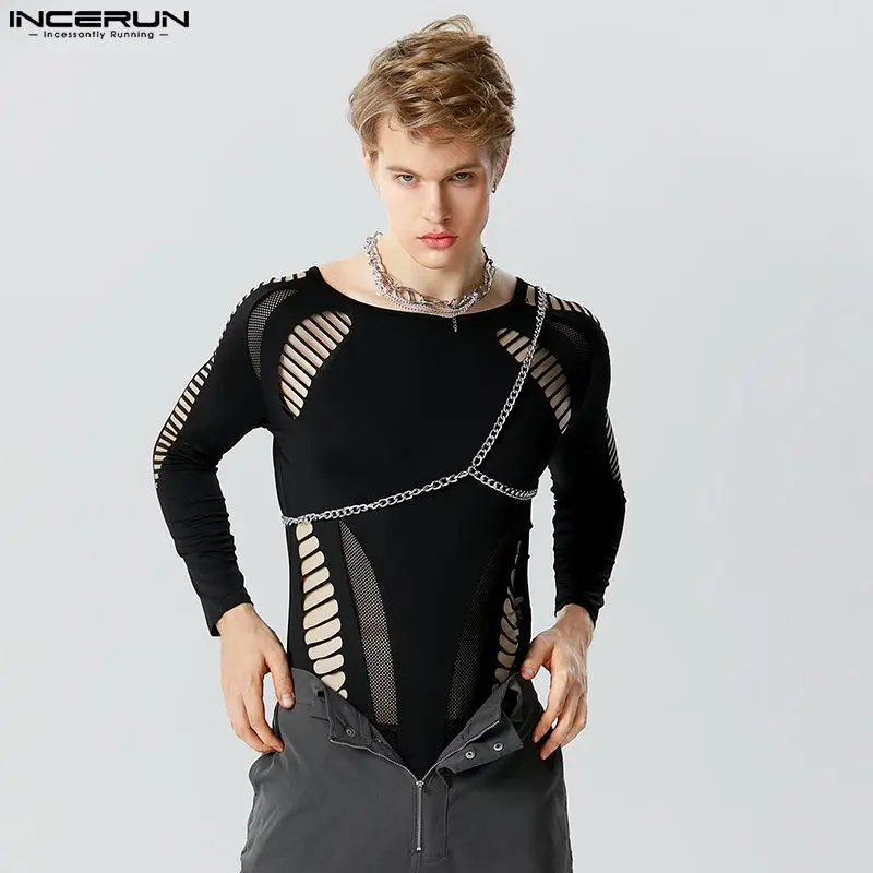 

INCERUN Men Bodysuits Mesh Patchwork See Through Hollow Out O-neck Long Sleeve Male Rompers Sexy Zipper Solid Fashion Bodysuit