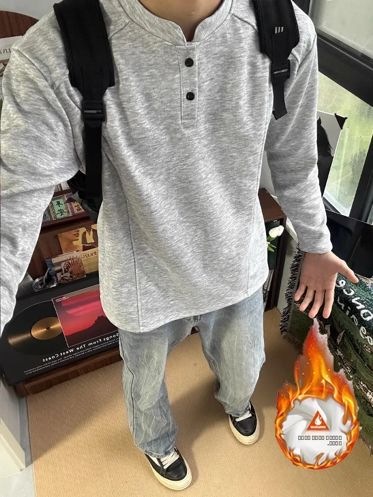 

American Sle Deconstructed Henry Collar Men's Sweatirt Autumn Winter Thiened Fce Long Sve T-irt Base irt