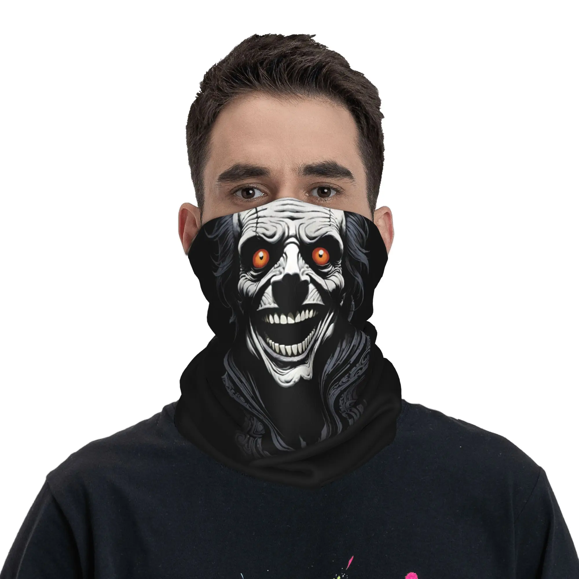 Horror Clown Face With Orange Eyes And Wide Grin Bandana Neck Gaiter UV Protection Face Scarf Cover  Headwear Tube Balaclava