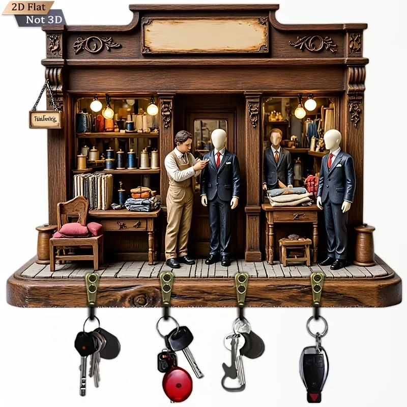 2D Flat, 1pc, Vintage Solid Wood Key Hook, Multi-functional Wooden Key Holder with Four Metal Hooks, Wall Decoration, Porch
