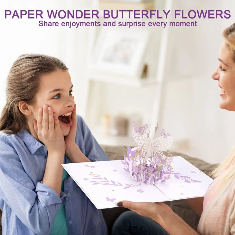 3X Purple Butterfly Birthday Popup Card, Butterfly Flower Basket 3D Greeting Cards For Women Girl Daughter, Mothers Day