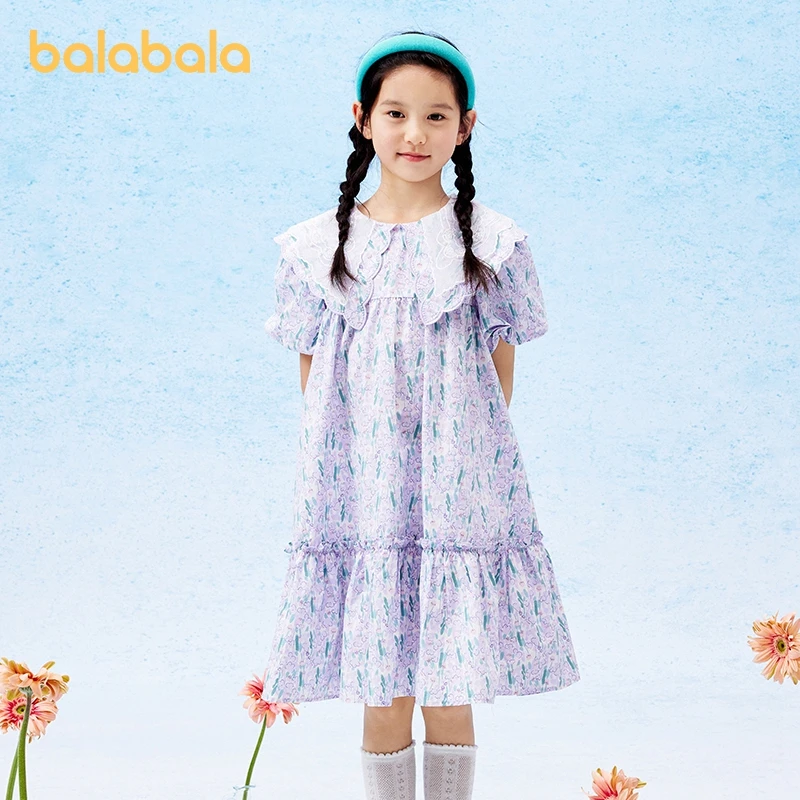 Balabala Dress Girls Children Cotton Bubble Sleeve Dress 2024 Summer New Collection Sweet and Trendy for Older Girls