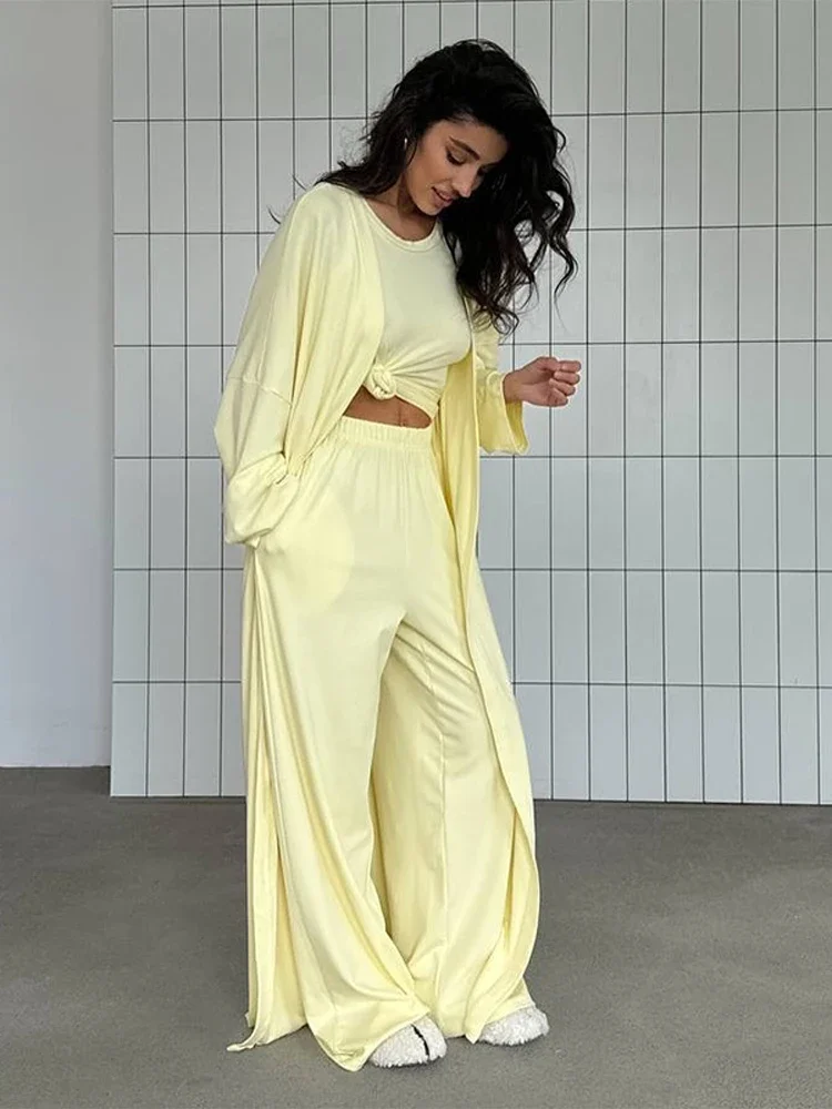

Oversized Cotton Vest Lady Pants Set 2025 Trendy Solid Color Loose Fit Shawl Outerwear Trousers Sets New Autumn Commuting Outfit