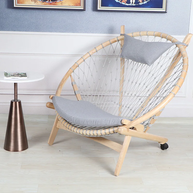 Rattan Solid Wood Short Circle Chair Woven Rope Net Backrest Leisure Chair Balcony Easy Chair