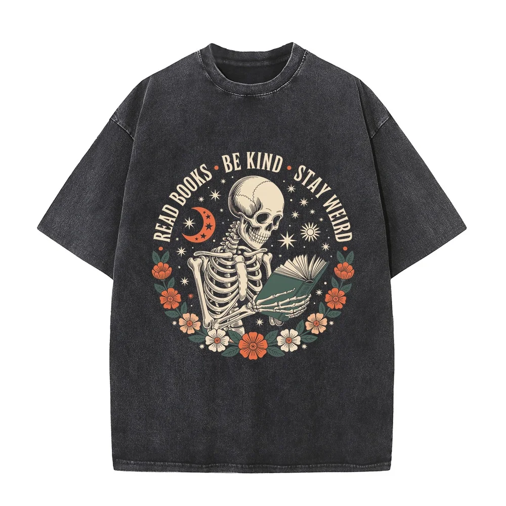 Funny Men T-Shirt Read Books Be Kind Stay Weird Skull Bookish Boho Cute Black Printing Cartoon Graphic Clothing Cotton Tee Shirt