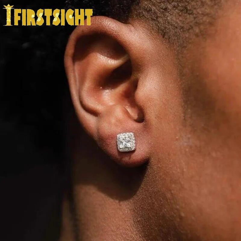 New Iced Out Bling Square Zirconia Pink Earrings Silver Color Bling Micro Paved Cubic Zircon Stud Earring Fashion Women Jewelry