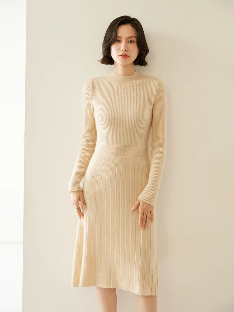 

New Luxury Women 100% Cashmere Dresses Autumn Winter Mock Neck Slim Sweater Knee Length Dress Fit and Flare Thick Warm Knitwear