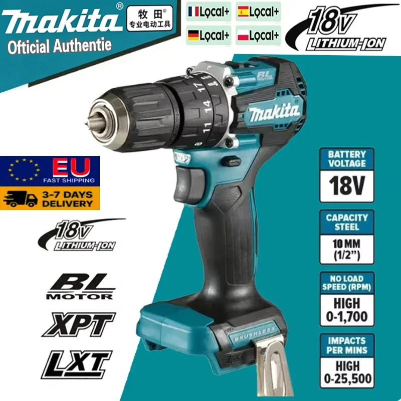Makita DHP487 – wiertarko-wkrętarka bezszczotkowa o wysokim momencie obrotowym, 18 V, akumulatorowa, bezprzewodowa, przenośne narzędzie elektryczne do prac majsterkarskich.