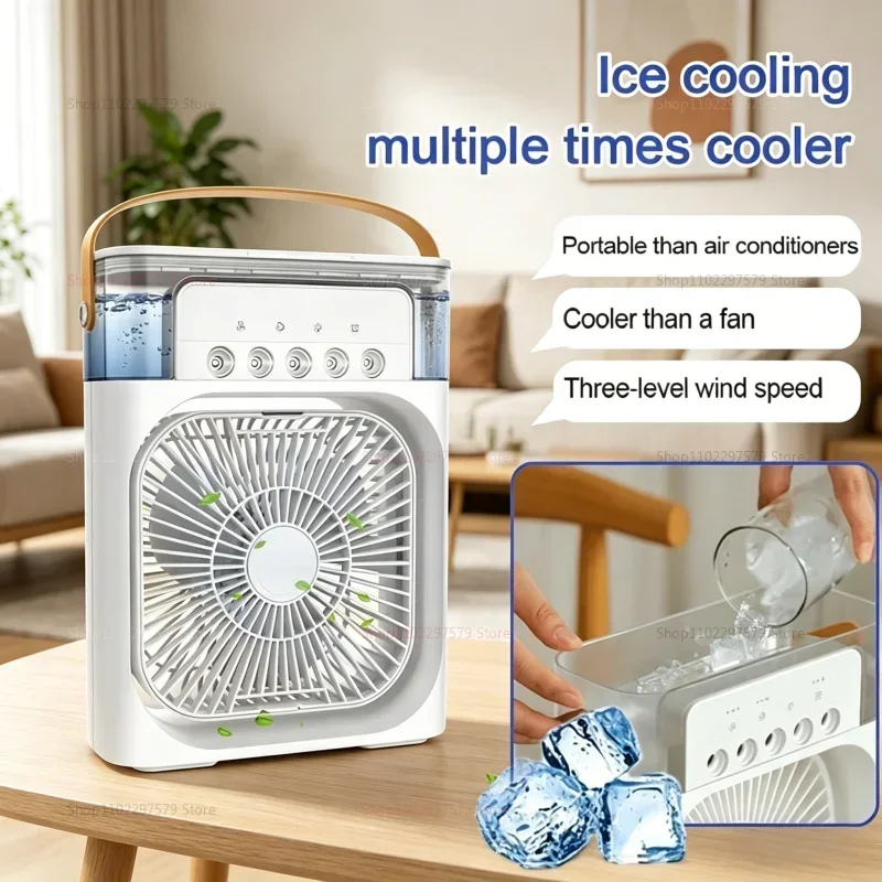 2026 USB Charging Portable Fan Cooling Water Mist Air Conditioner Electric Fan LED Night Light 3-in-1 Household Air Humidifier