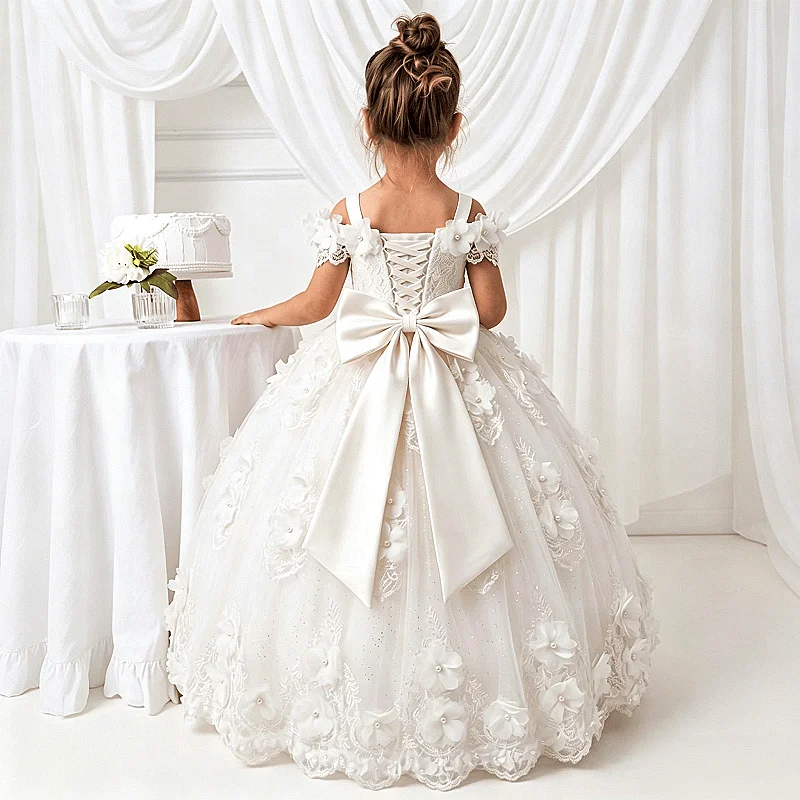 Custom Flower Girl Dress For Wedding Hand Sewn 3D Floral Lace Off Shoulder Short Sleeve Communion Indoor Birthday Portrait