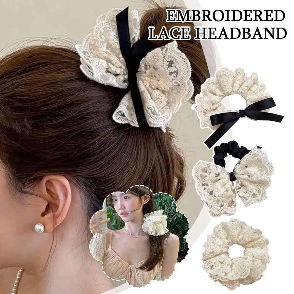 Women Flower Lolita Lace Scrunchies Two Layer Oversized French Rope Ties Hair Hair Ponytail Holder Lace Accessories Ha R9j5