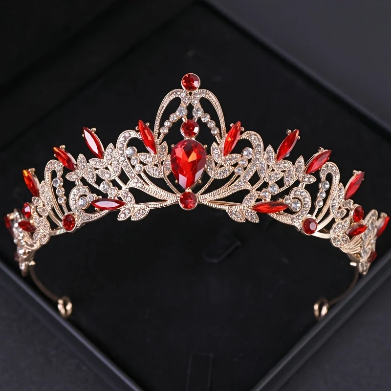 Baroque Vintage Red Crystal Rhinestone Tiaras And Crowns Queen Princess Diadems Wedding Hair Accessories Women Jewelry