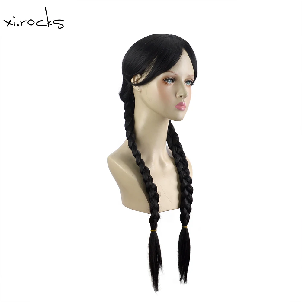 3622G Xi.Rocks Addams Wednesday Long Black Braids Hair Cosplay Heat Resistant Synthetic Wig Halloween Party Role Play