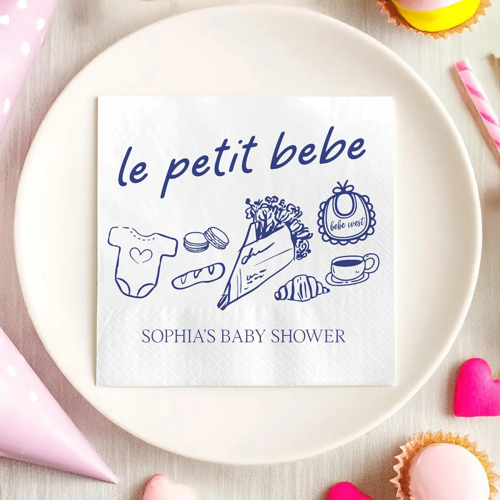 50 Uds. Servilletas de Baby Shower Le Petit Bebe, servilletas personalizadas para fiesta de Baby Shower, decoración de Baby Shower francés, servilleta temática de cafetería francesa, P