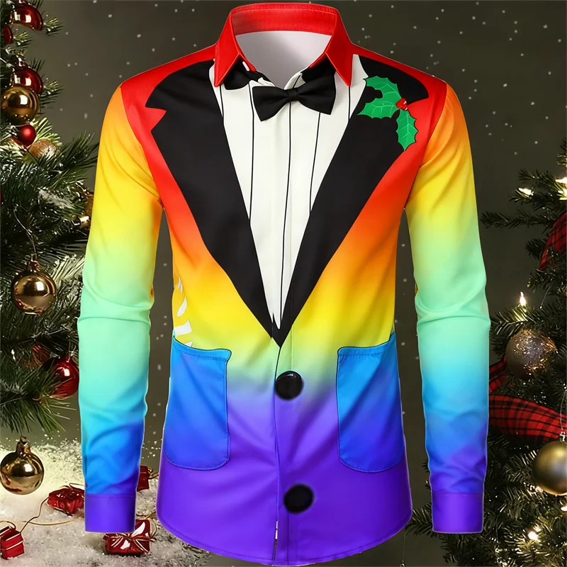 New fashionable men's lapel formal wear men's high-end printed long sleeved fake pocket shirt popular Santa Claus style
