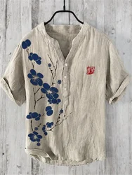 Men's Summer V-neck Art Print Men's Short Sleeve T-shirt 2024 Summer Fashion Urban T-shirt Men's V-neck Henry Shirt