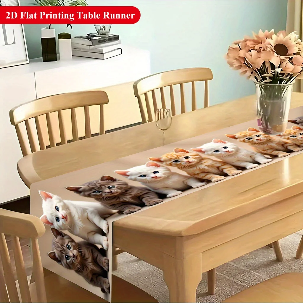 1pc 2D Printed Adorable Cats Row Table Runner, Polyester Rectangular Decor for Dining Coffee Table Home Kitchen Party Festival