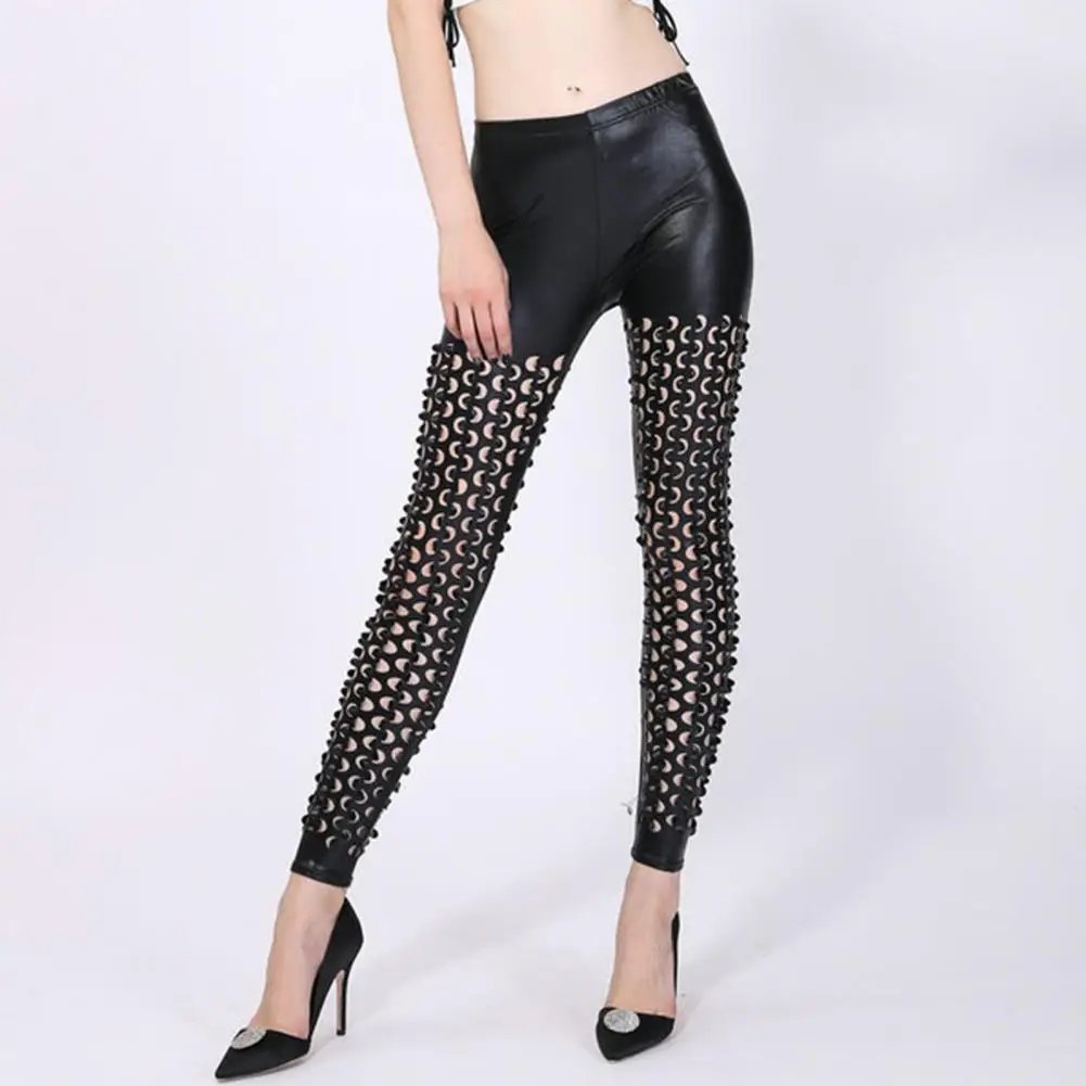 

Sexy Hollow Out Leggings Rock Metal Holes Bright Leather Fish Scale Pattern Tight Pants Woman Fashion Cropped Pants 2023 New