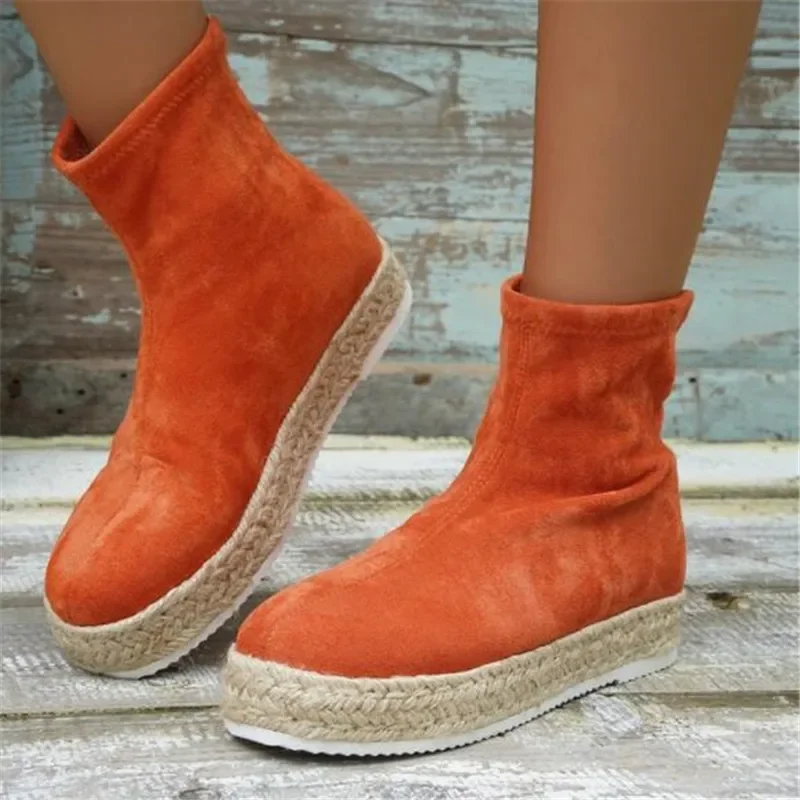 

Women's Round Toe Ankle Boots Winter Fashion Slip-on Platform Casual Women Boots Outdoor Plus Size 43 Flock Female Stretch Botas