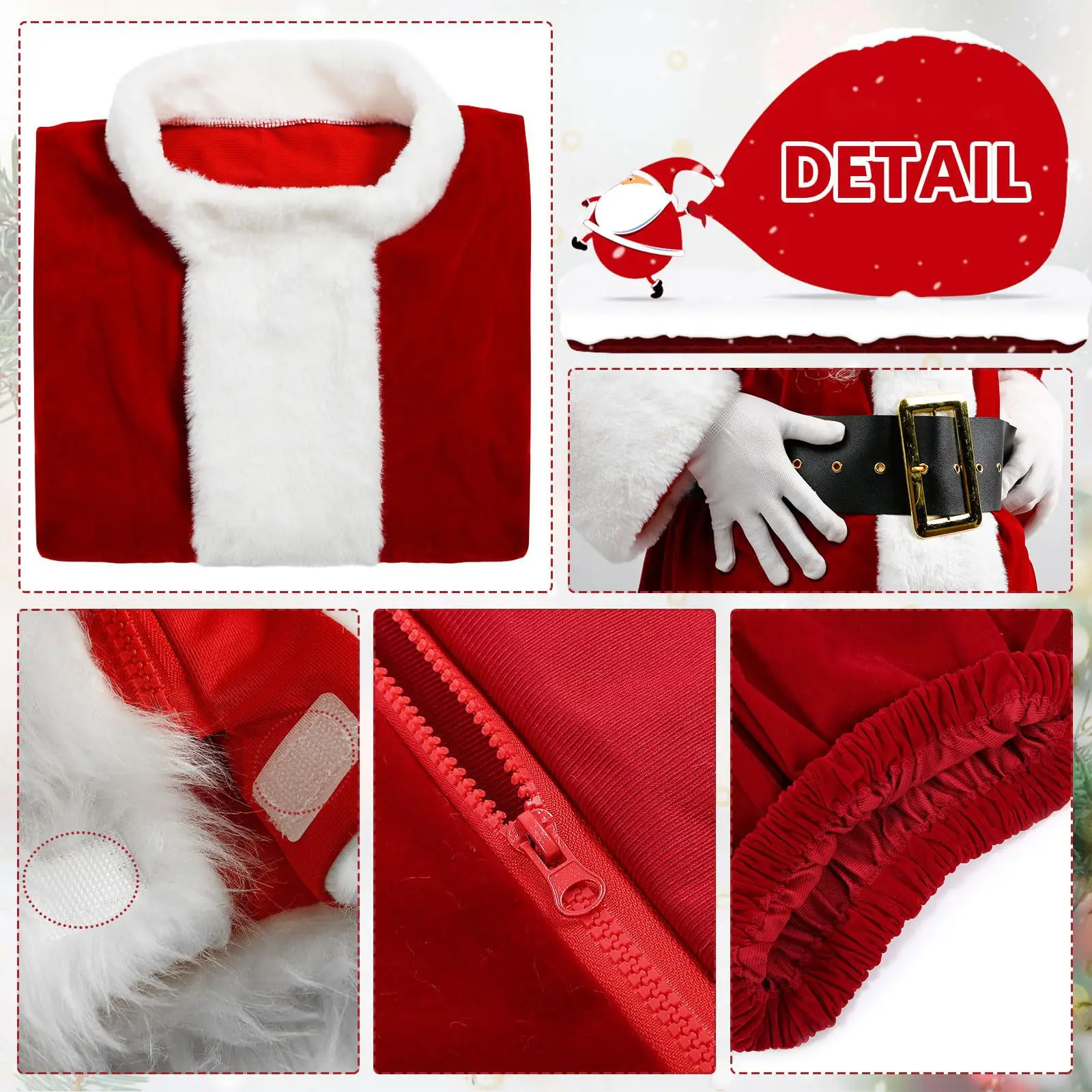 Kostum Santa Claus, beludru emas, set ukuran plus pria, wig jenggot, tas permen, berdandan, kostum liburan