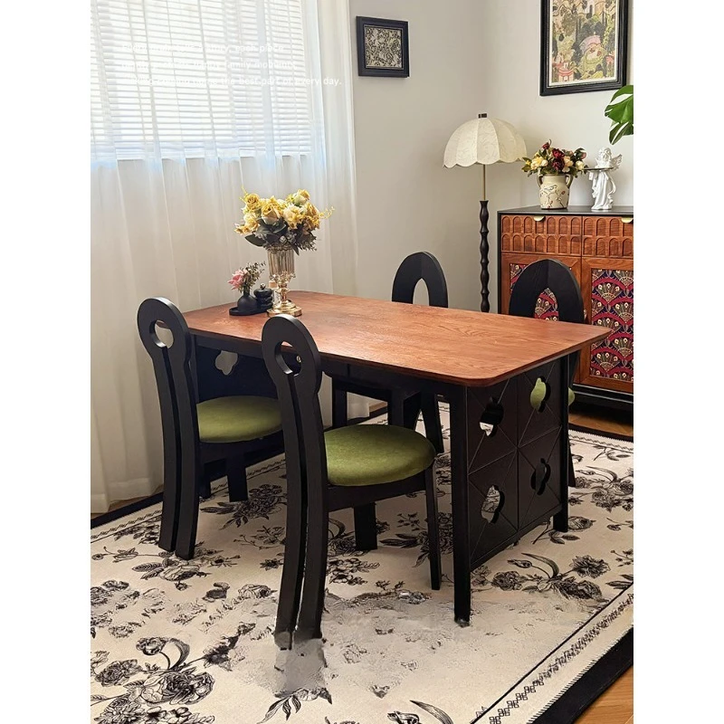 

French antique style solid wood dining table black retro style household small apartment Song style aesthetic rectangle