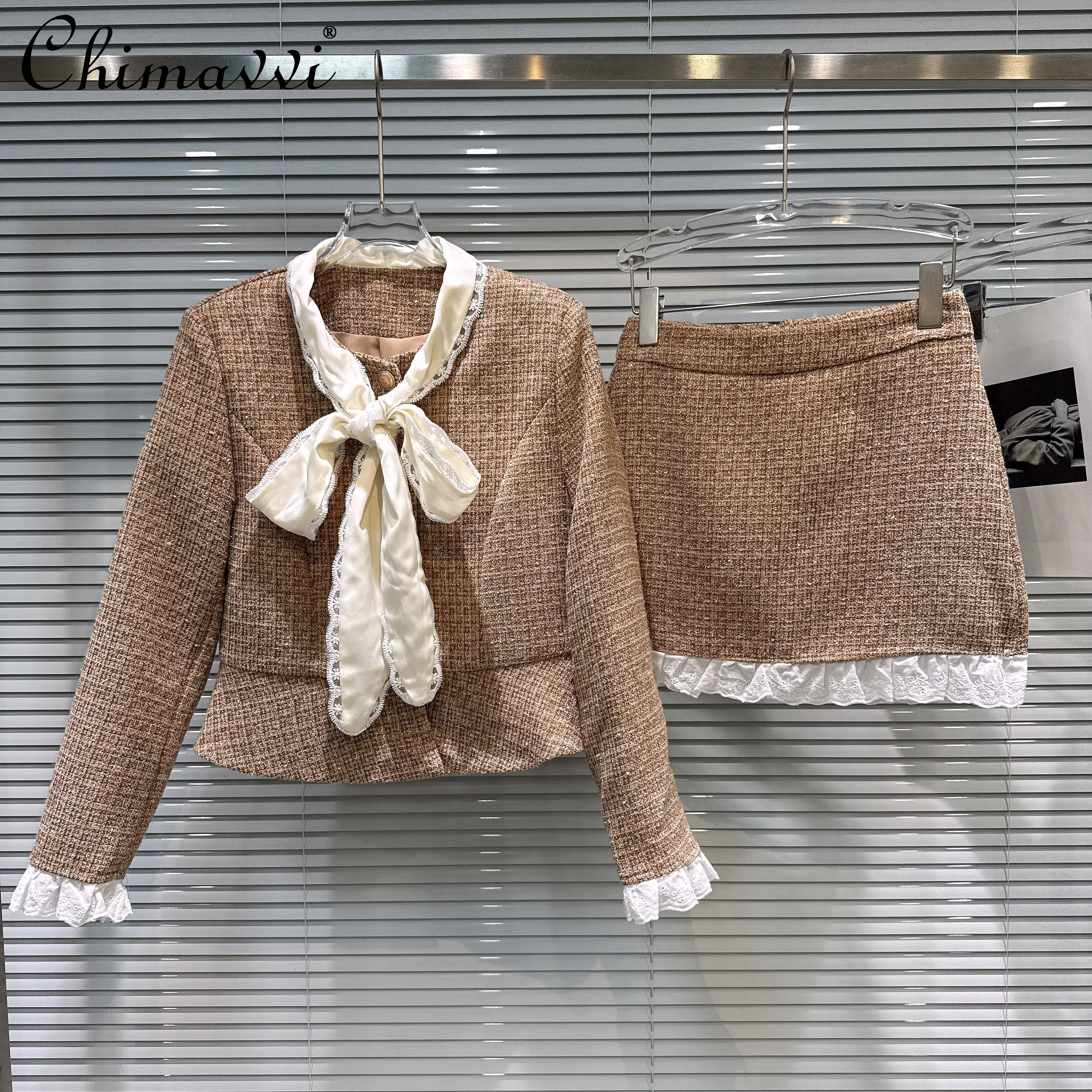 

Korean Style Elegant Fashion Socialite Lace-up Long Sleeve Short Jackets High Waist Slim Fit Skirts Two-Piece Set Women Autumn