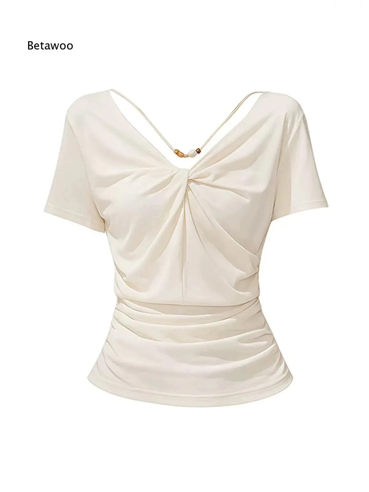 Women Elegant V Neck Short Sleeve Top Twist Front Halter Strap Decoration Ruched Waist Slim Blouse For Party And Travel