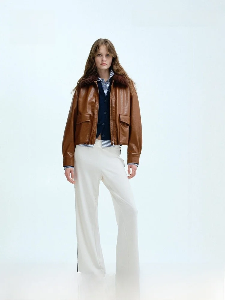 

H&M Winter Women's Faux Fur Collar Jacket Casual Style Leather Coat Regular Length PU Material Ladies' Fashion