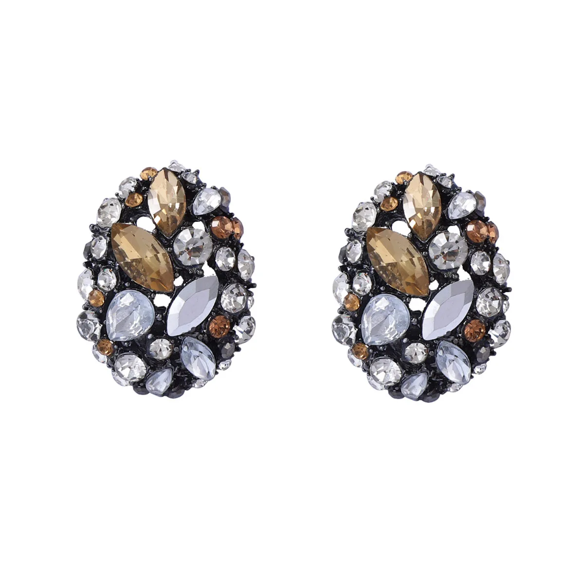 ZAA Vintage Shiny Rhinestone Oval-shaped Metal Stud Earrings for Women Fashion Jewelry Ear Accessories Gifts