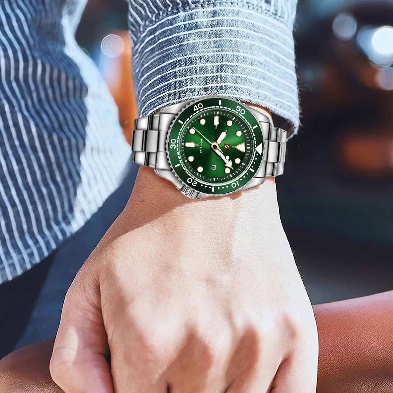 NS Mens Sports Watch | Multi-Color High-Contrast Dial and Markers Ceramic Bezel Stainless Steel Band Versatile Style