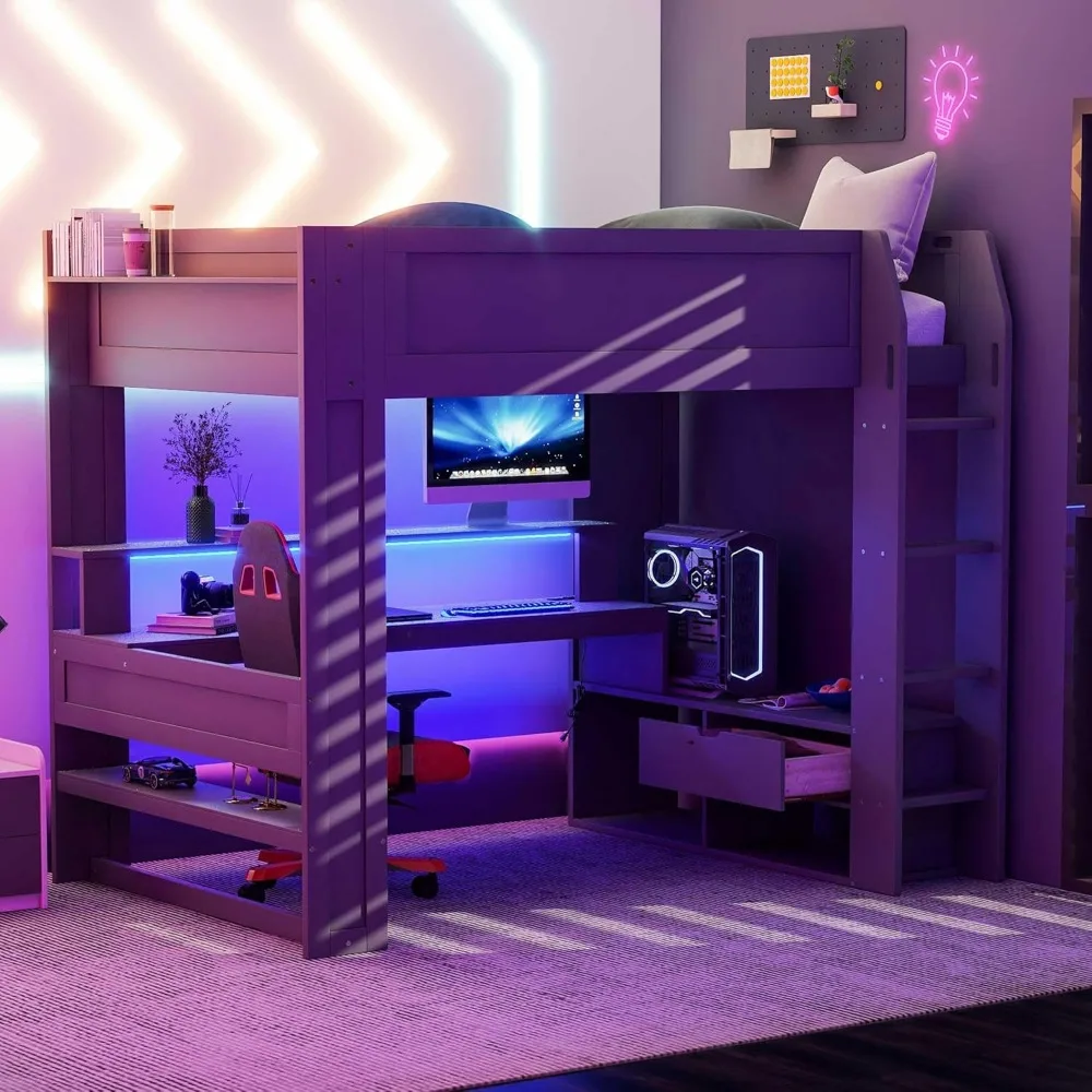 Cama Loft para juegos de tamaño completo con escritorio, LED y estación de carga, cama Loft de madera con estantes de almacenamiento múltiple y cajones