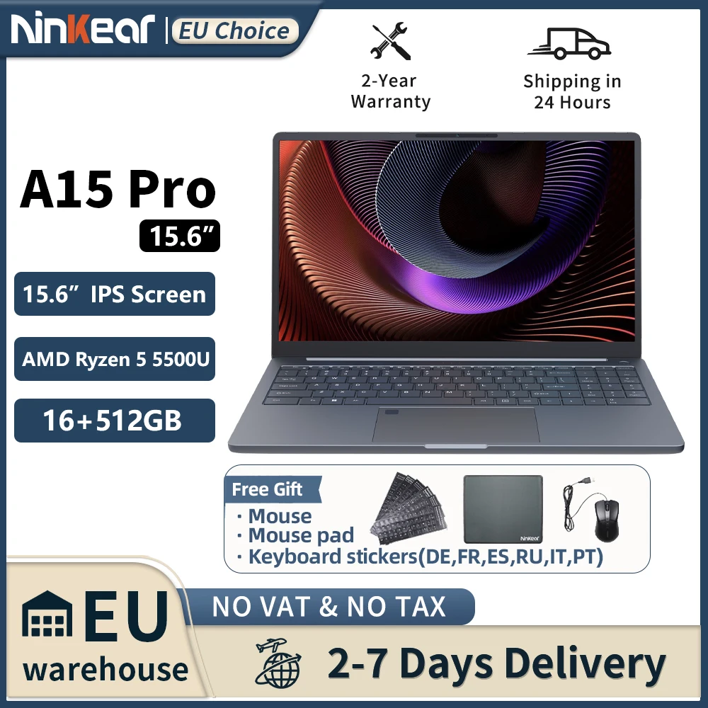 Ninkear A15 Laptop 15.6 Pollici Display FHD IPS AMD Ryzen 5 5500U 16GB RAM 512GB SSD Windows 11 WiFi 6 impronta digitale tastiera retroilluminata per lavoro studio