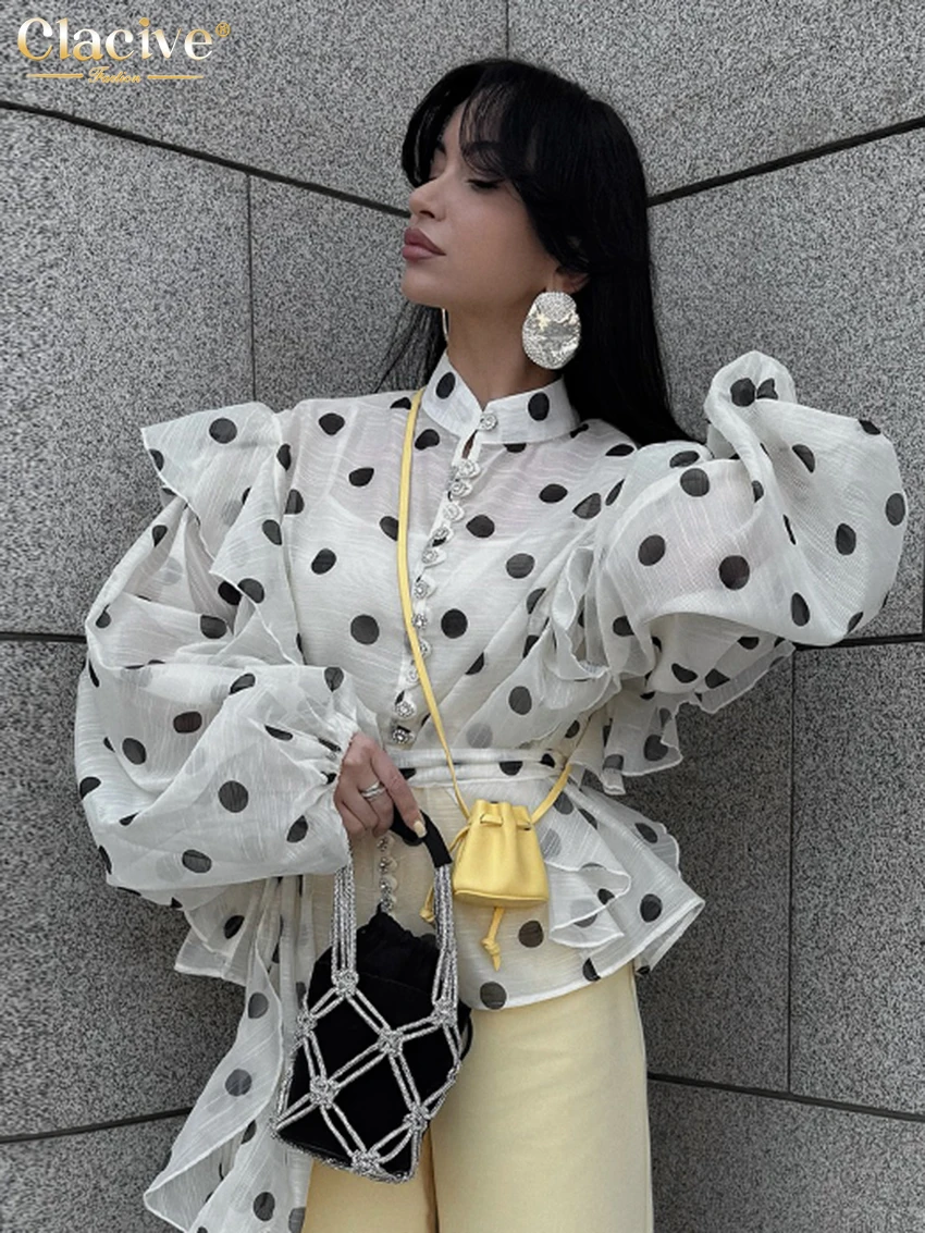 

Clacive Fashion Loose Print Women's Shirt Vintage Stand Collar Long Sleeve Shirts Elegant Classic Lace-Up Tops Female Clothing