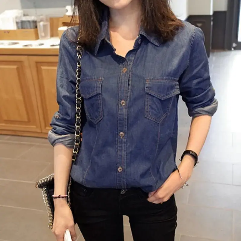 

Women's Turn-down Collar Denim Long Sve Blouse Ele Faionable Ladies' irt Quali Material Comfortable to Wear
