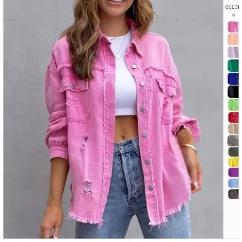 Ragged Torn Denim Jacket  Collar Long Sleeve Casual Loose Women's Top Mid-Length Frayed Hem Single Piece Spring Fashion