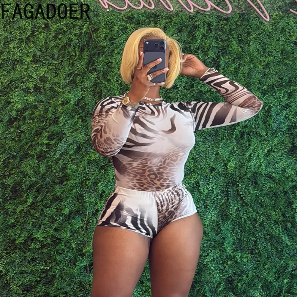 FAGADOER Sexy Leopard Zebra Print Shorts 2 Piece Outfits Women Fashion Mesh Long Sleeves Top and Bodycon Shorts Suits Streetwear