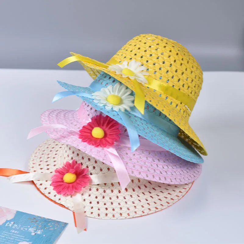 Kids Girls Large Wide Brim Straw Woven Sun Protection Beach Hat Colorful Pompom Ball Summer Floppy Bucket Cap Portable Handbag image 2