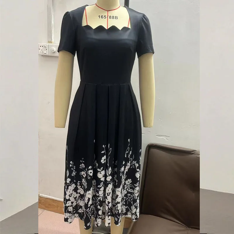 Abito lungo estivo da donna elegante con colletto quadrato a onde Abito lungo da spiaggia solido sexy da ufficio Manica corta Boho Maxi abiti femminili