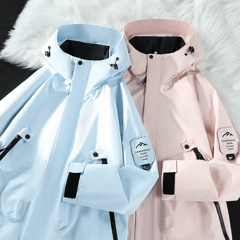 Unisex Hooded Hiking Jacket Waterproof Windbreaker Badge Patch Multi‑Zipper Pockets Men Women Outdoor Camping Travel Outer Coat